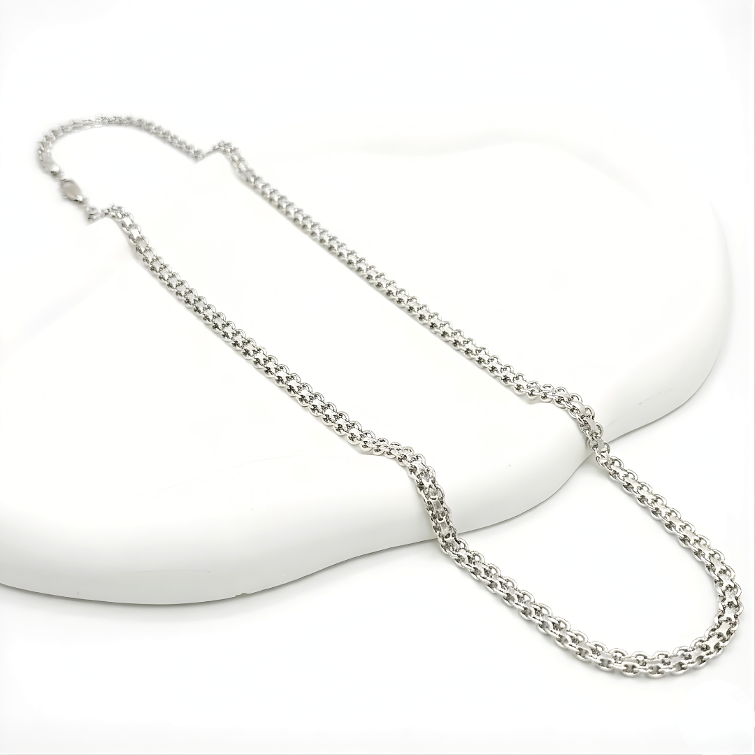 Silver Rhodium Plated Interlinked Chain Necklace (50cm x 6mm) – Textured Interlocking Link Silver Collar Chain for Men & Women